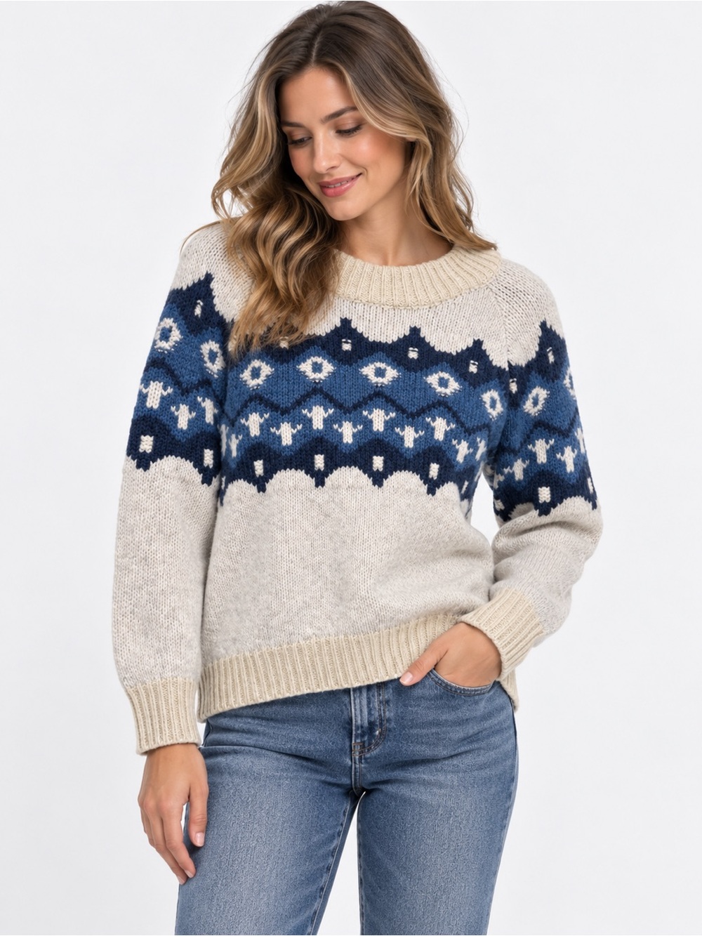aerie Wool Acrylic blend Cream Crewneck Sweater with Blue Fair Isle Yoke M